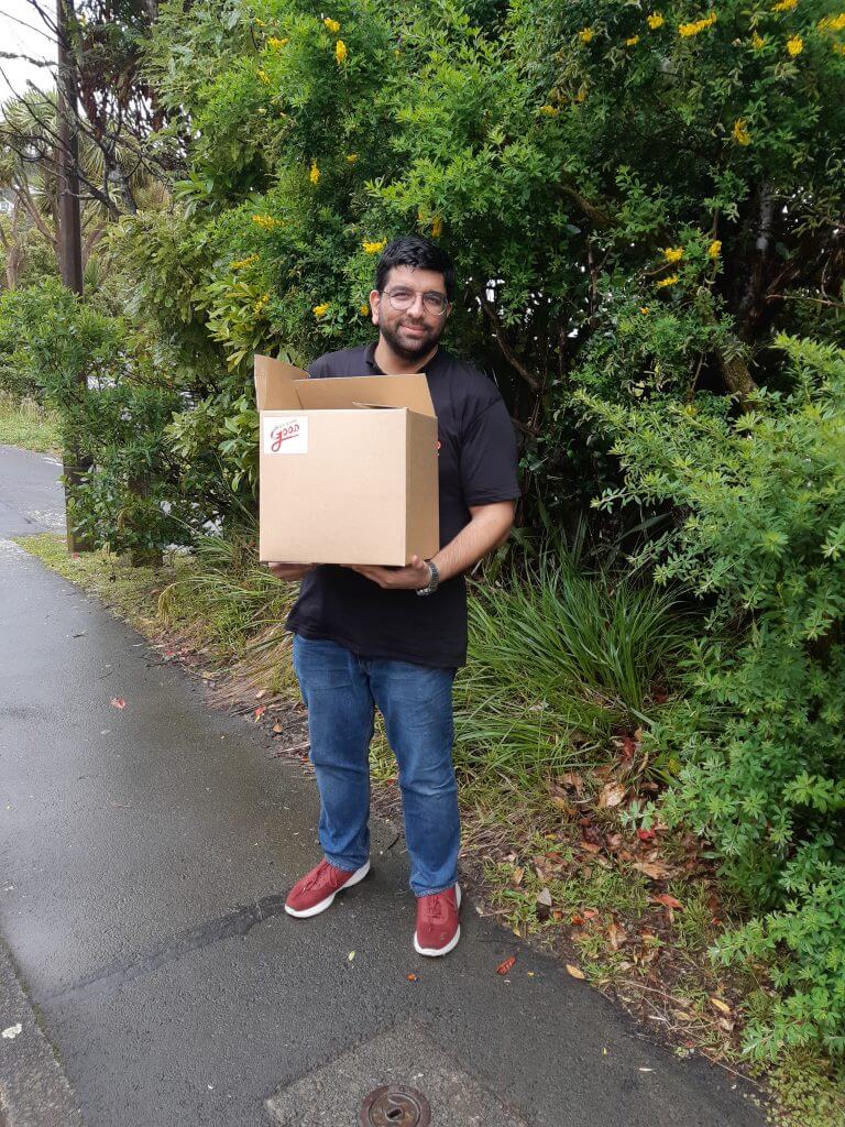Rohit about to deliver a Christmas food box